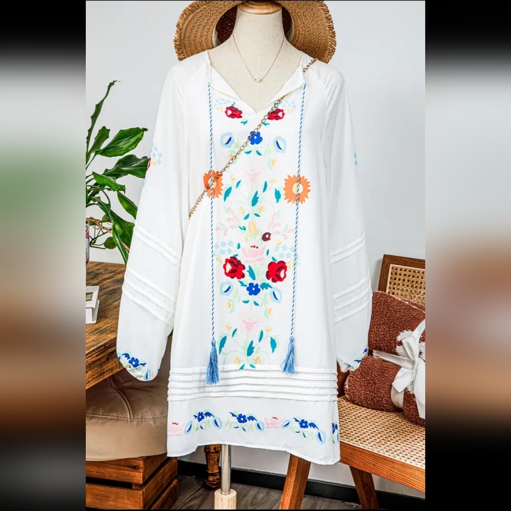 Floral Boho Tassel Tie Split Neck Tucking Detail Mini Dress